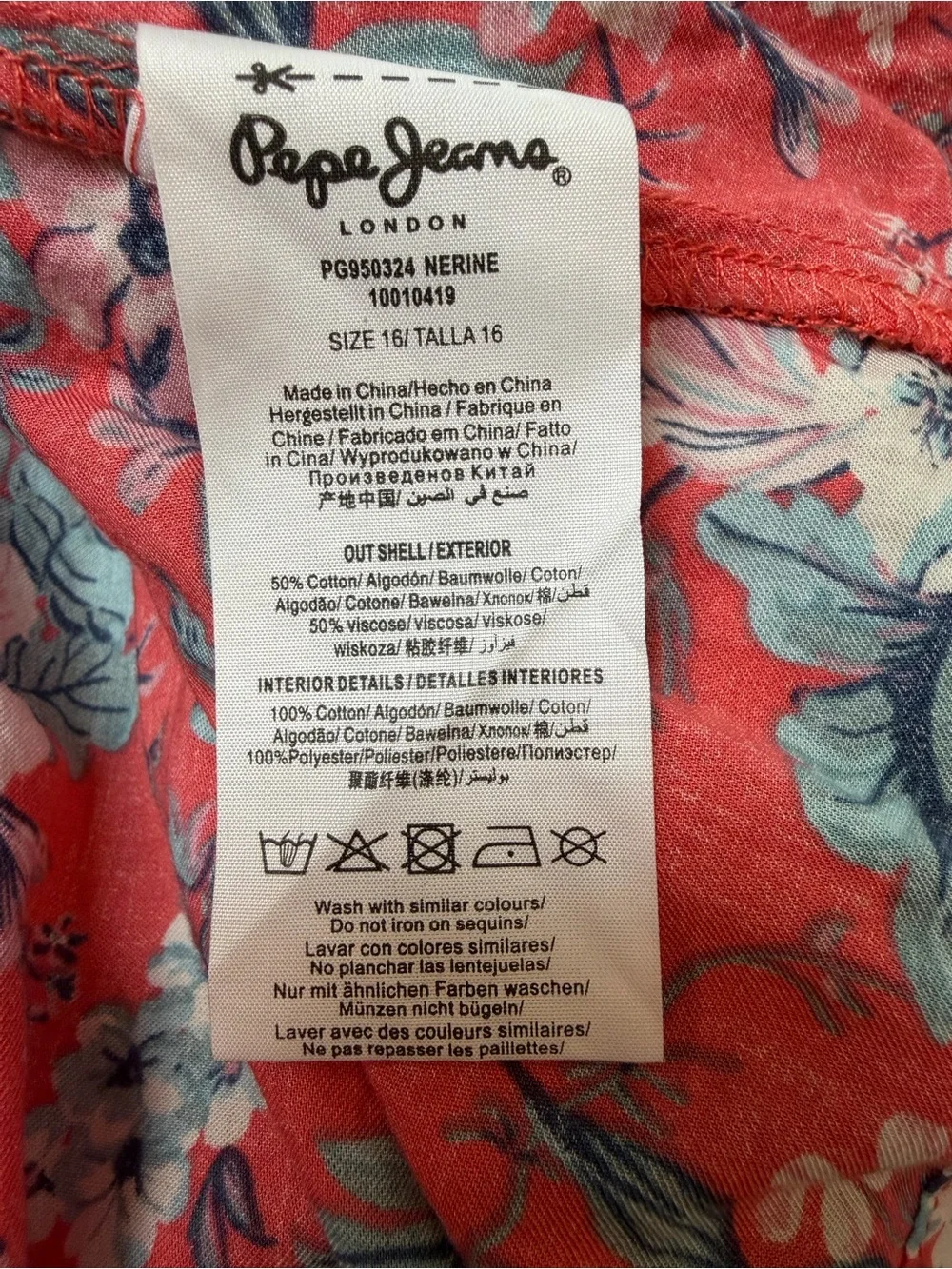 Pepe Jeans Girls Size 16 Coral Floral A-Line Dress Long Sleeve Ruffle Neck Knit